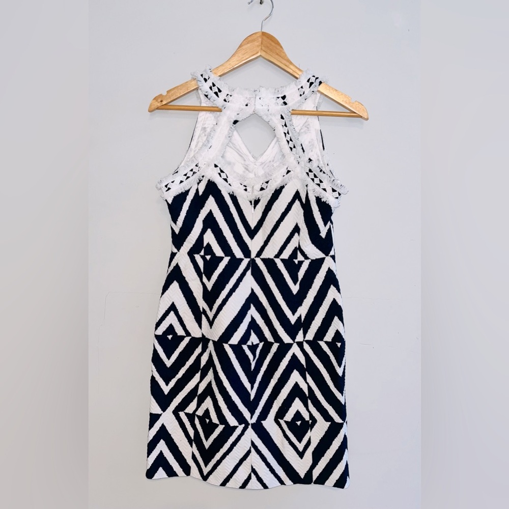 TAYLOR Jacquard Navy & White Cotton Dress sz 6 - Picture 3 of 12